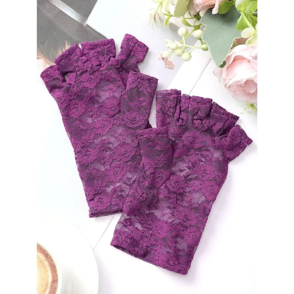 Women's Purple Floral Short Lace Gloves Sunblock Fingerless Bridal Opera Party